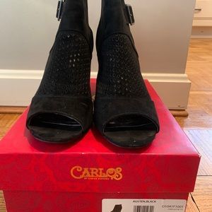 Black ankle booties. Barely worn. Open toe.